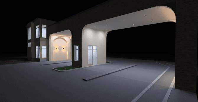 ภาพจำลองแสงสว่าง (3D Simulation) ซุ้มทางเข้านราเฮ้าส์ ไพรด์วิลล์