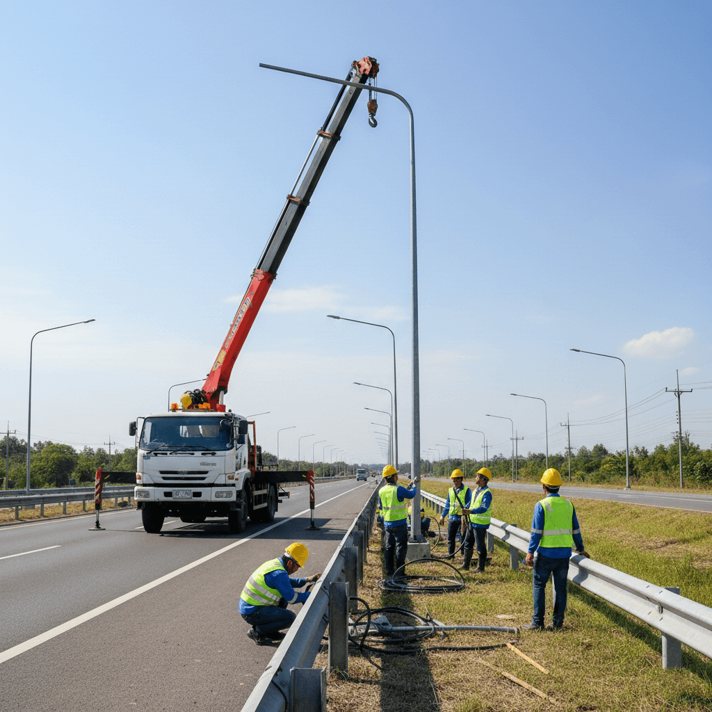 บริการติดตั้งไฟถนน LED และเสาไฟทางหลวงด้วยเครื่องจักรที่ทันสมัย