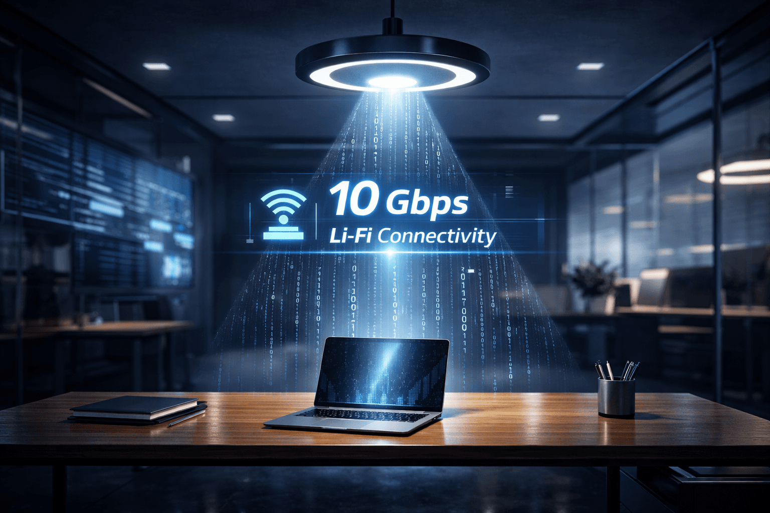 ภาพกราฟิกจำลองการทำงานของเทคโนโลยี Li-Fi ที่ส่งสัญญาณอินเทอร์เน็ตผ่านลำแสงจากโคมไฟเพดานสู่แล็ปท็อป